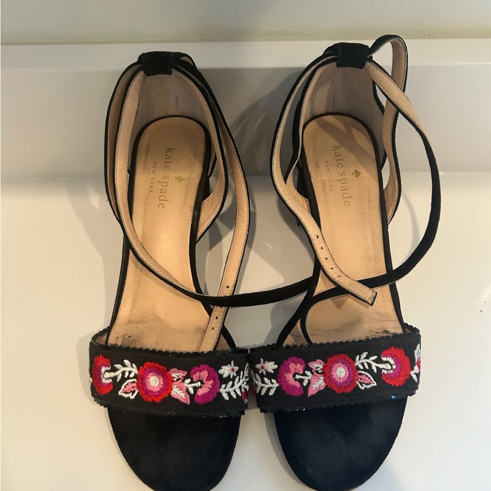 Kate Spade Black Sandals with Pink Floral Embroidery
